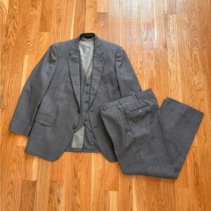Allyn St George Vintage 70s 3pc Grey Wool Suit Union Made in USA 42R Pants 36x30